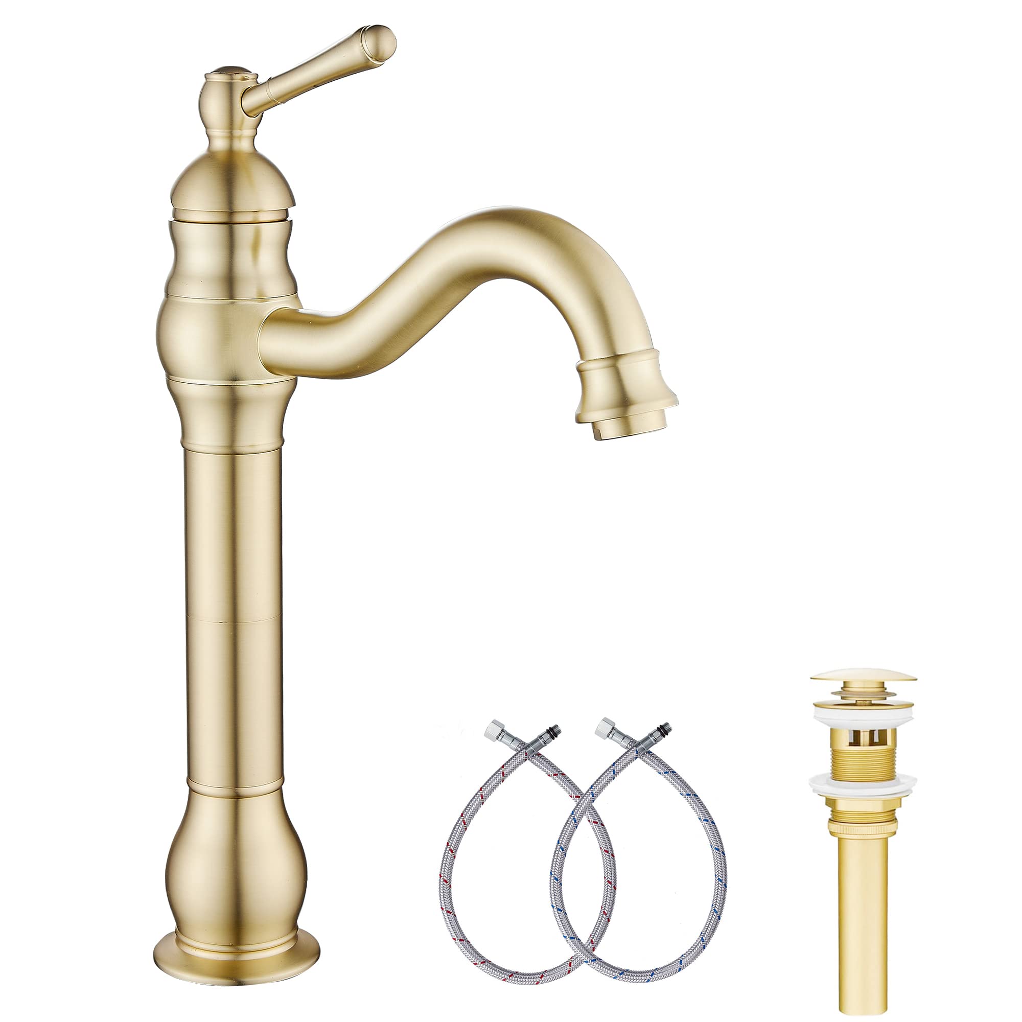 Bathroom Faucet GGStudy 360° Swivel Single-Handle One Hole Bathroom Vessel Sink Faucet Matching Pop Up Drain Brushed Gold Farmhouse Bathroom Vanity Faucet