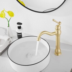 Bathroom Faucet GGStudy 360° Swivel Single-Handle One Hole Bathroom Vessel Sink Faucet Matching Pop Up Drain Brushed Gold Farmhouse Bathroom Vanity Faucet