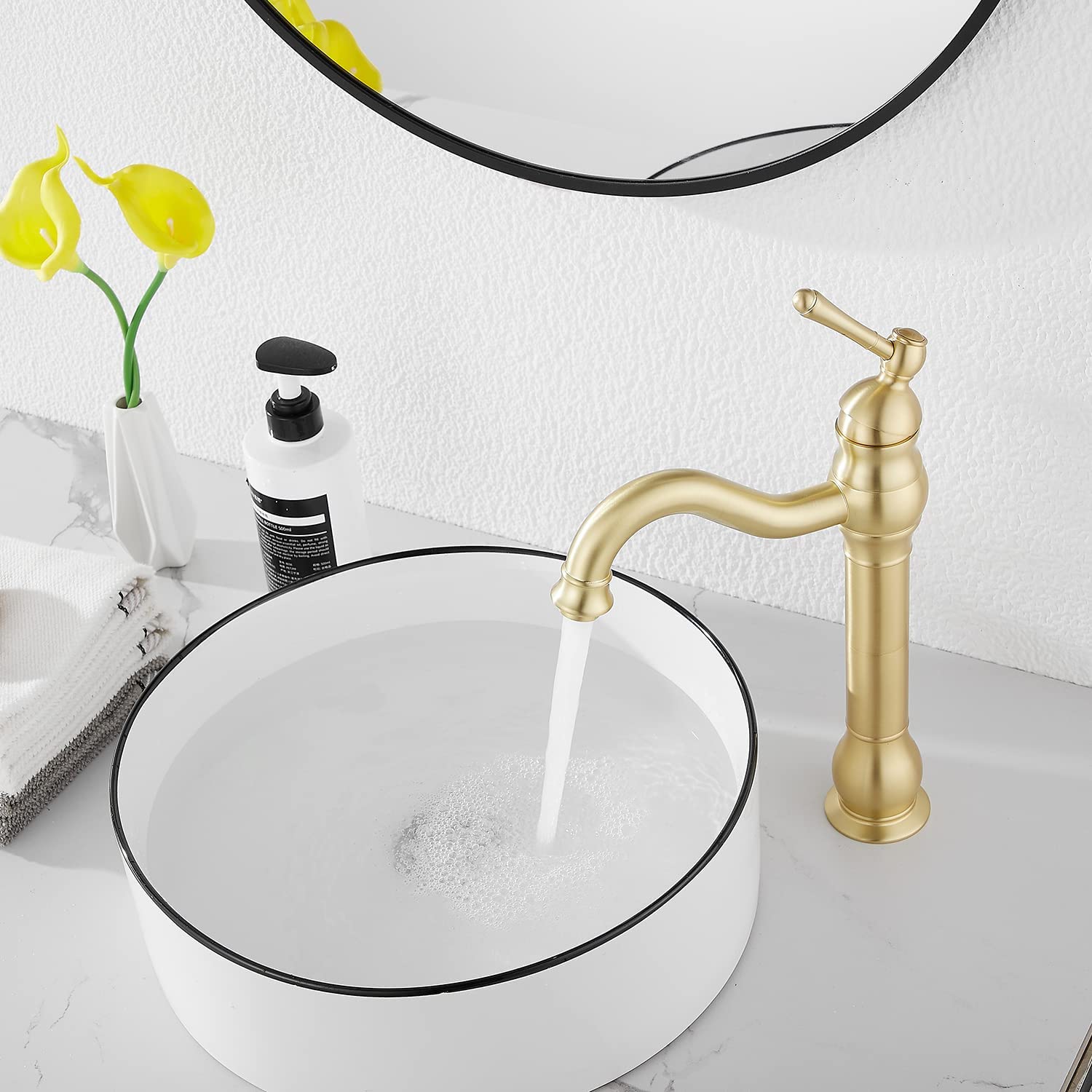 Bathroom Faucet GGStudy 360° Swivel Single-Handle One Hole Bathroom Vessel Sink Faucet Matching Pop Up Drain Brushed Gold Farmhouse Bathroom Vanity Faucet