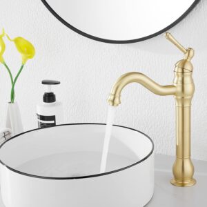 Bathroom Faucet GGStudy 360° Swivel Single-Handle One Hole Bathroom Vessel Sink Faucet Matching Pop Up Drain Brushed Gold Farmhouse Bathroom Vanity Faucet