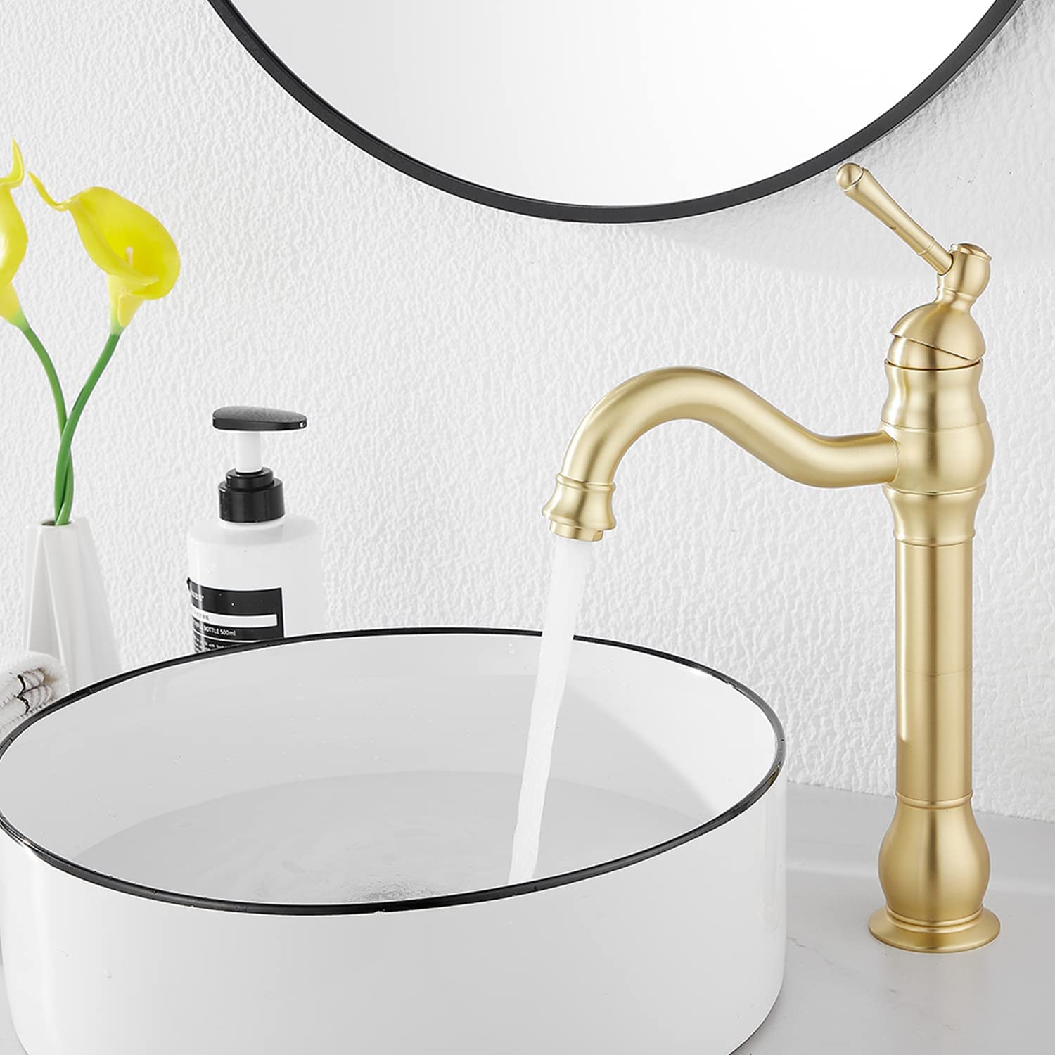 Bathroom Faucet GGStudy 360° Swivel Single-Handle One Hole Bathroom Vessel Sink Faucet Matching Pop Up Drain Brushed Gold Farmhouse Bathroom Vanity Faucet