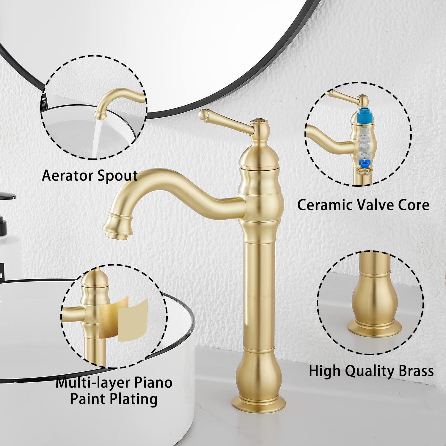 Bathroom Faucet GGStudy 360° Swivel Single-Handle One Hole Bathroom Vessel Sink Faucet Matching Pop Up Drain Brushed Gold Farmhouse Bathroom Vanity Faucet