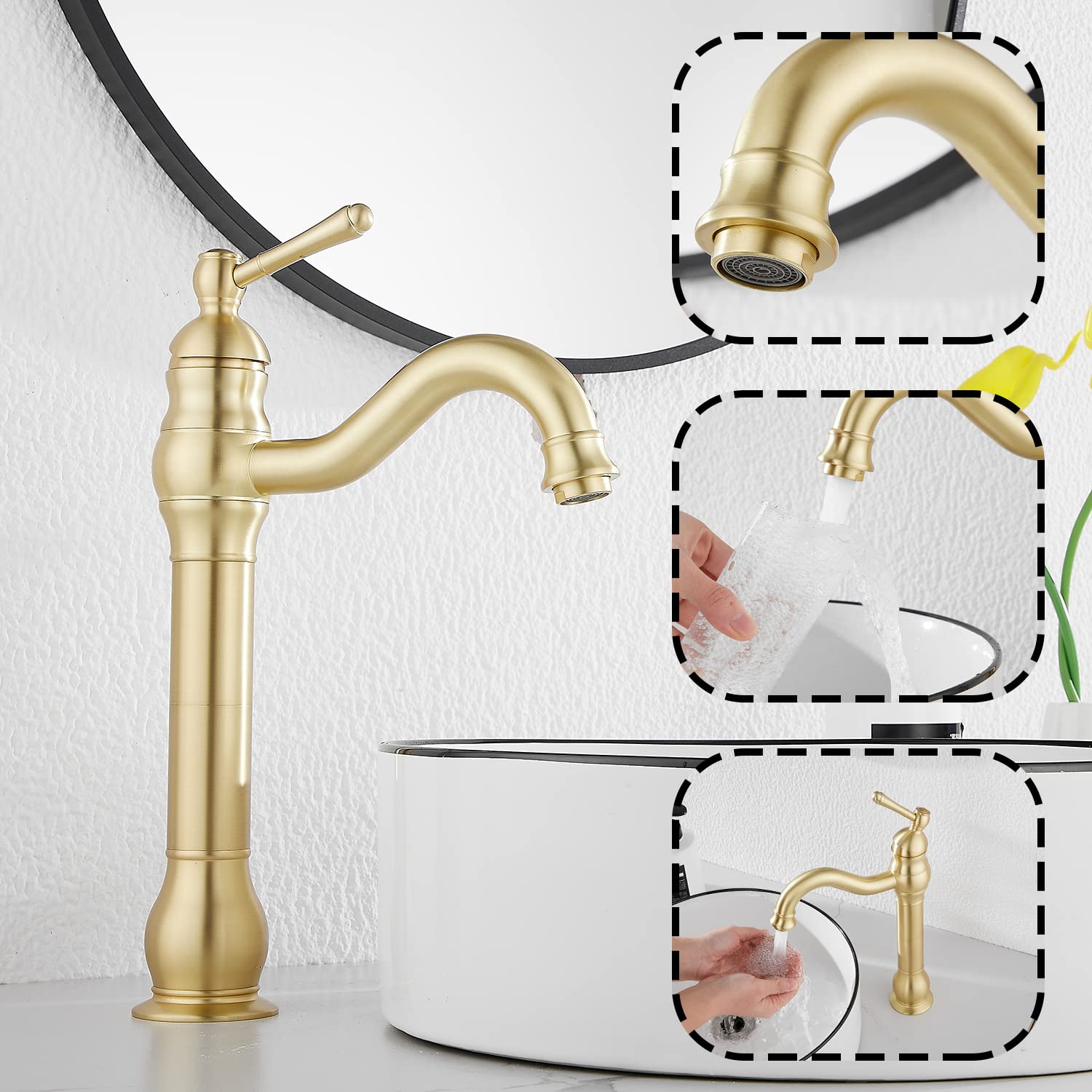 Bathroom Faucet GGStudy 360° Swivel Single-Handle One Hole Bathroom Vessel Sink Faucet Matching Pop Up Drain Brushed Gold Farmhouse Bathroom Vanity Faucet