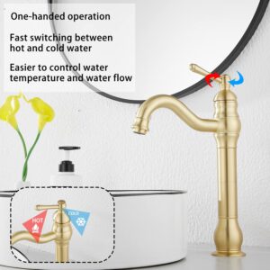 Bathroom Faucet GGStudy 360° Swivel Single-Handle One Hole Bathroom Vessel Sink Faucet Matching Pop Up Drain Brushed Gold Farmhouse Bathroom Vanity Faucet