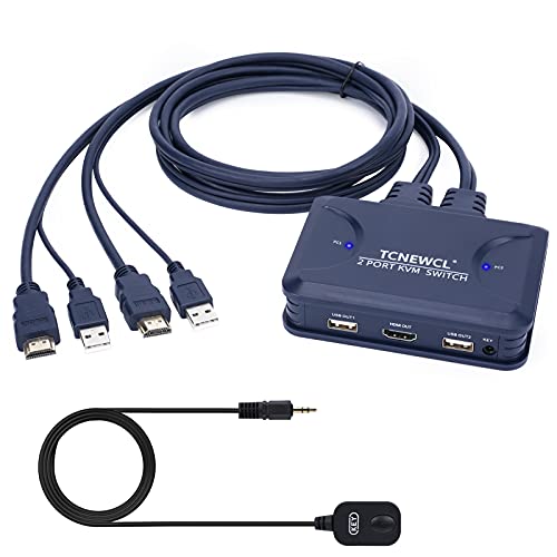 4K HDMI KVM Switch 2 Port, Support 4K@30Hz, for 2 Computers Share Mouse Keyboard to 1 HD Monitor, Included 2 HDMI Cables and Wire Desktop Controller