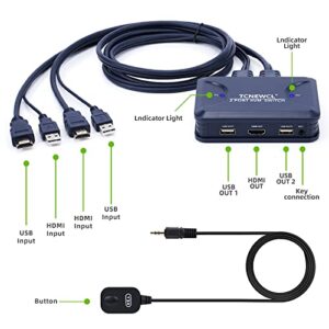 4K HDMI KVM Switch 2 Port, Support 4K@30Hz, for 2 Computers Share Mouse Keyboard to 1 HD Monitor, Included 2 HDMI Cables and Wire Desktop Controller