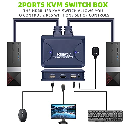 4K HDMI KVM Switch 2 Port, Support 4K@30Hz, for 2 Computers Share Mouse Keyboard to 1 HD Monitor, Included 2 HDMI Cables and Wire Desktop Controller