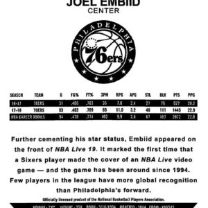 2018-19 Panini Hoops #166 Joel Embiid Philadelphia 76ers NBA Basketball Trading Card