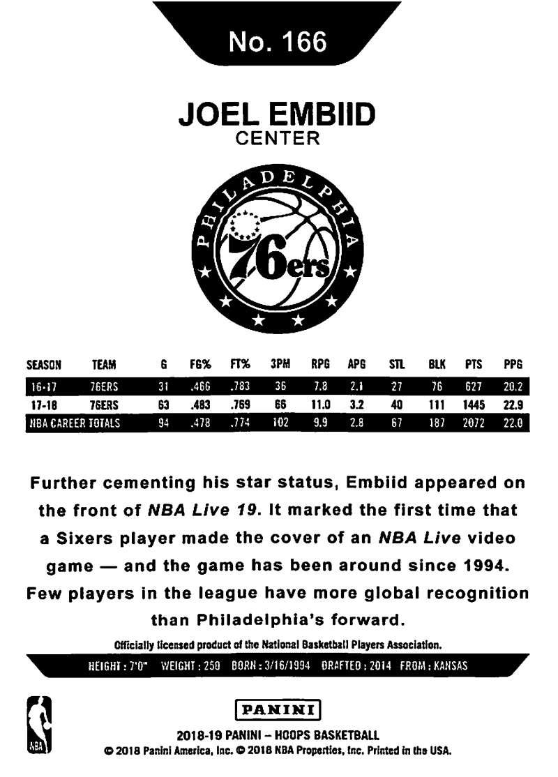 2018-19 Panini Hoops #166 Joel Embiid Philadelphia 76ers NBA Basketball Trading Card