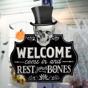 dr.dudu halloween door decoration, halloween welcome sign, halloween skeleton hanging welcome sign, 16" wood door sign haunted house skeleton decor, halloween wall sign (black)