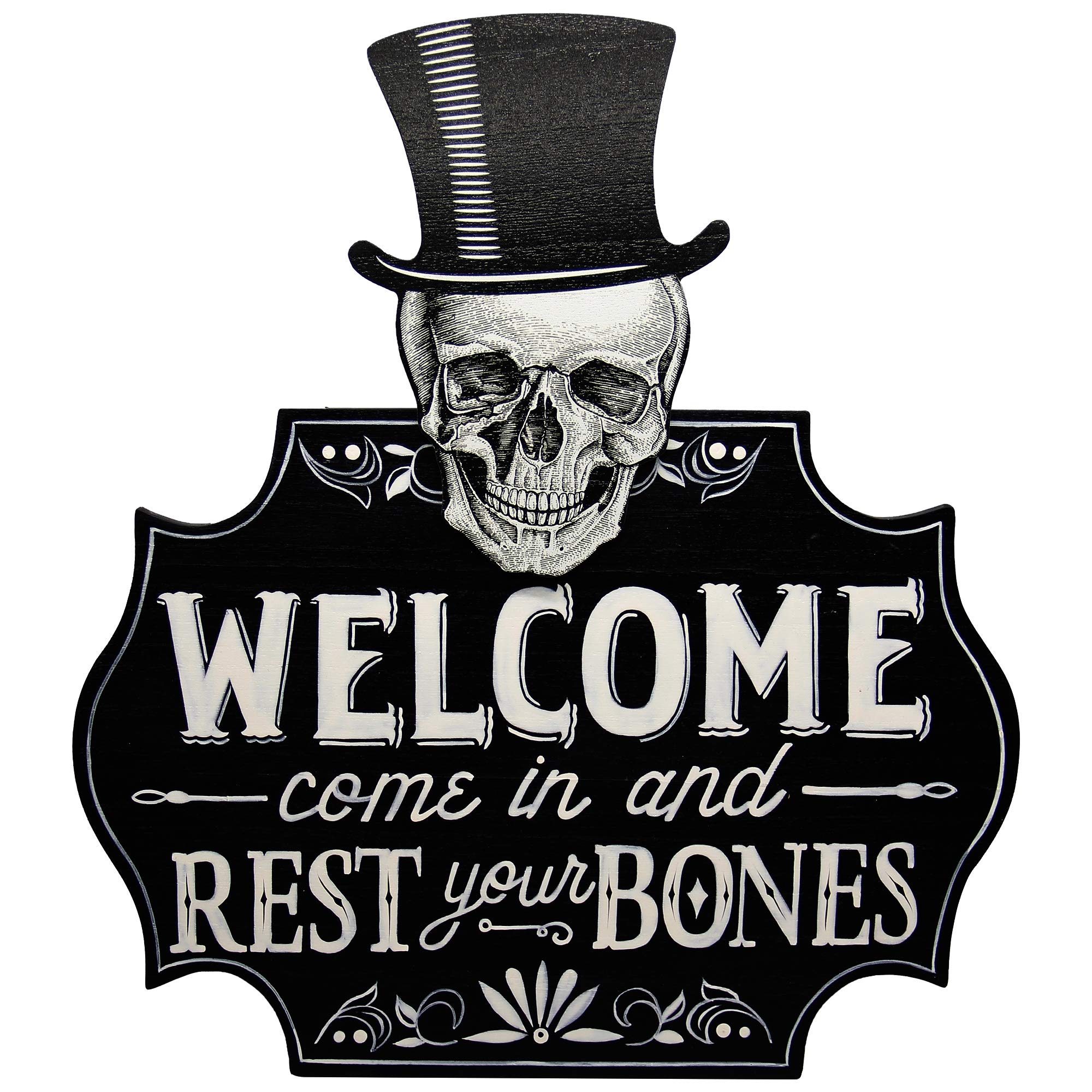 DR.DUDU Halloween Door Decoration, Halloween Welcome Sign, Halloween Skeleton Hanging Welcome Sign, 16" Wood Door Sign Haunted House Skeleton Decor, Halloween Wall Sign (black)