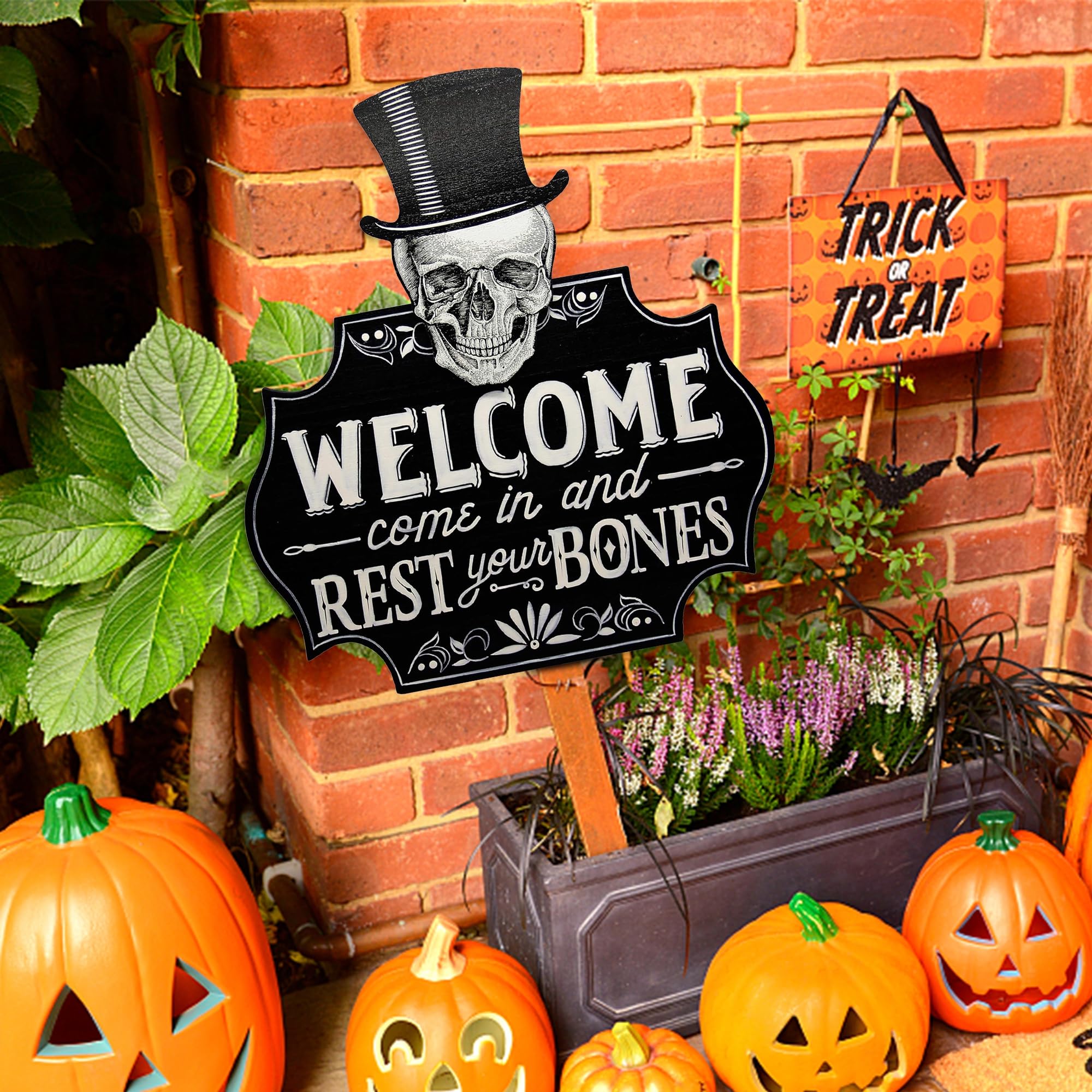 DR.DUDU Halloween Door Decoration, Halloween Welcome Sign, Halloween Skeleton Hanging Welcome Sign, 16" Wood Door Sign Haunted House Skeleton Decor, Halloween Wall Sign (black)