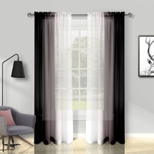 melodieux black ombre sheer curtains 84 inches long for living room, bedroom chiffon black white gradient rod pocket voile drapes, 52 by 84 inch, 2 panels