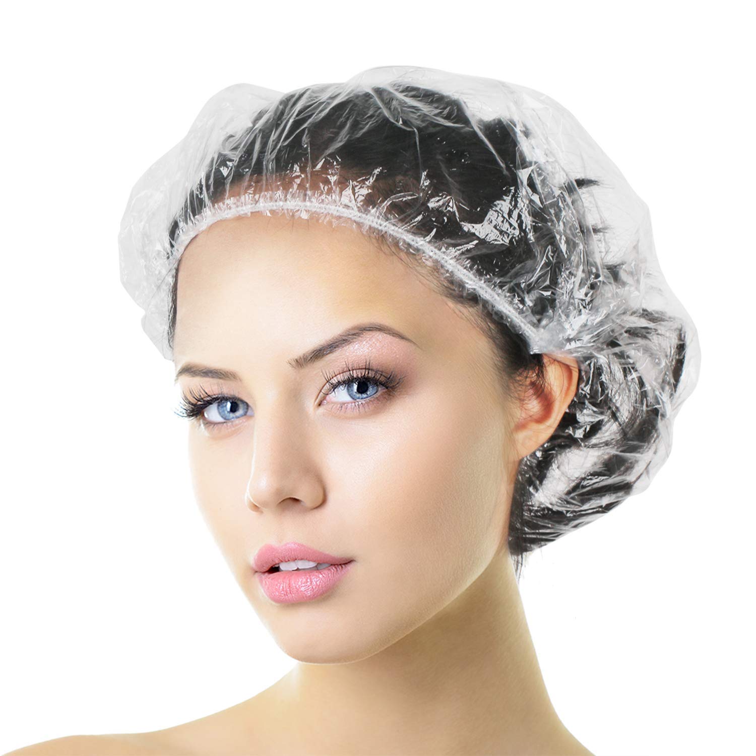 Aquior Shower Cap Disposable, 50 PCS Bath Caps Larger Thick Clear Waterproof Plastic Elastic Hair Bath Caps for Women, Hotel Travel Essentials Accessories Deep Conditioning Hair Care Cleaning Supplies