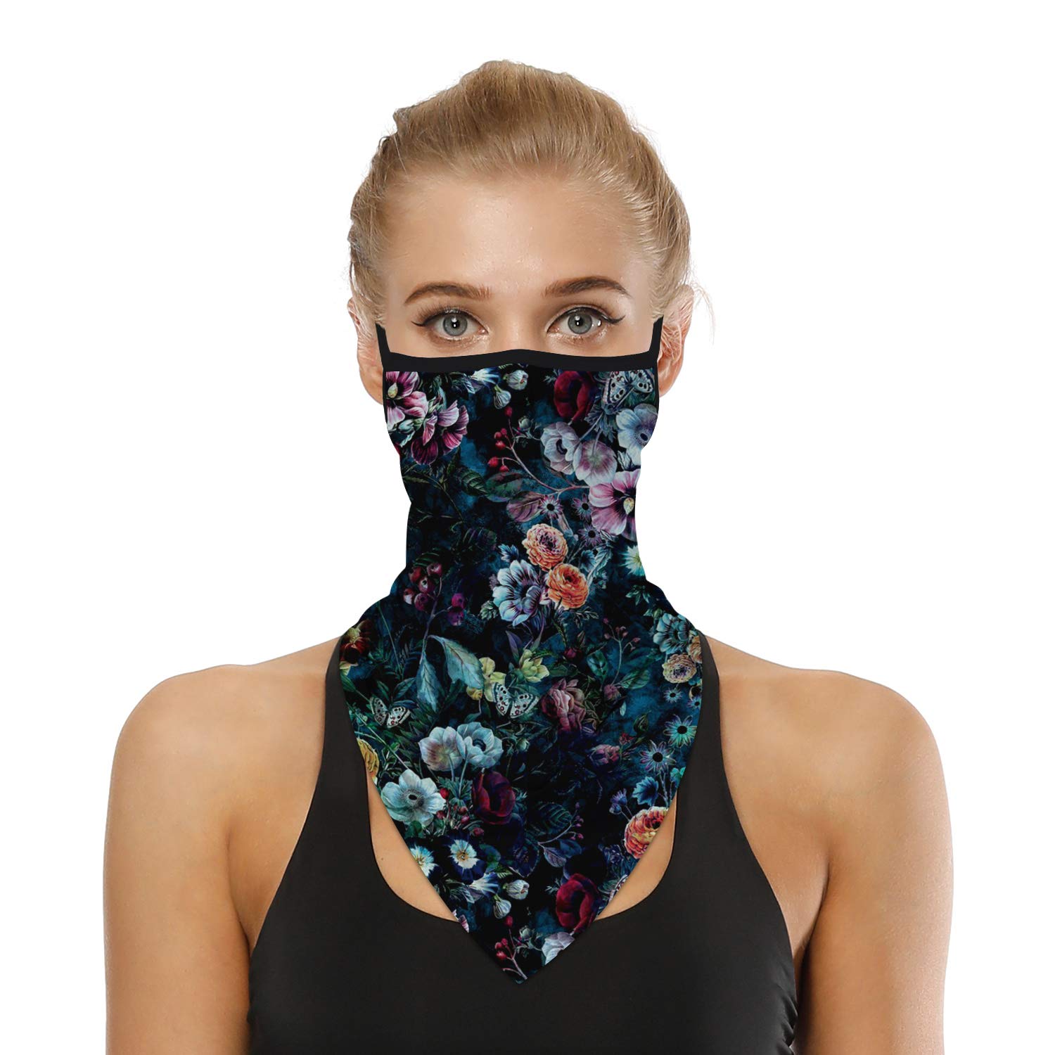 YAYOUREL Colorful Flowers Boho Floral Bandana Neck Gaiter Face Mask Covering Bandanas for Men Women Summer UV Cooling Face Scarf Mask Cover Ear Loop Hole Triangle Facemask Headwear for Fishing Running