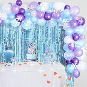 chrorine girl birthday party decorations supplies, blue party decorations, snowflake decorations, 109 pcs balloons, 2 pcs blue foil curtains, maple leaves, snowflakes