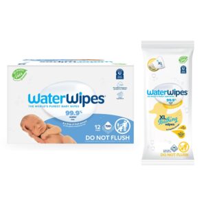 waterwipes bundle, original 720 count (12 packs) & xl bathing wipes 16 count (1 pack), plastic-free, 99.9% water based wipes, unscented, hypoallergenic for sensitive skin, packaging may vary