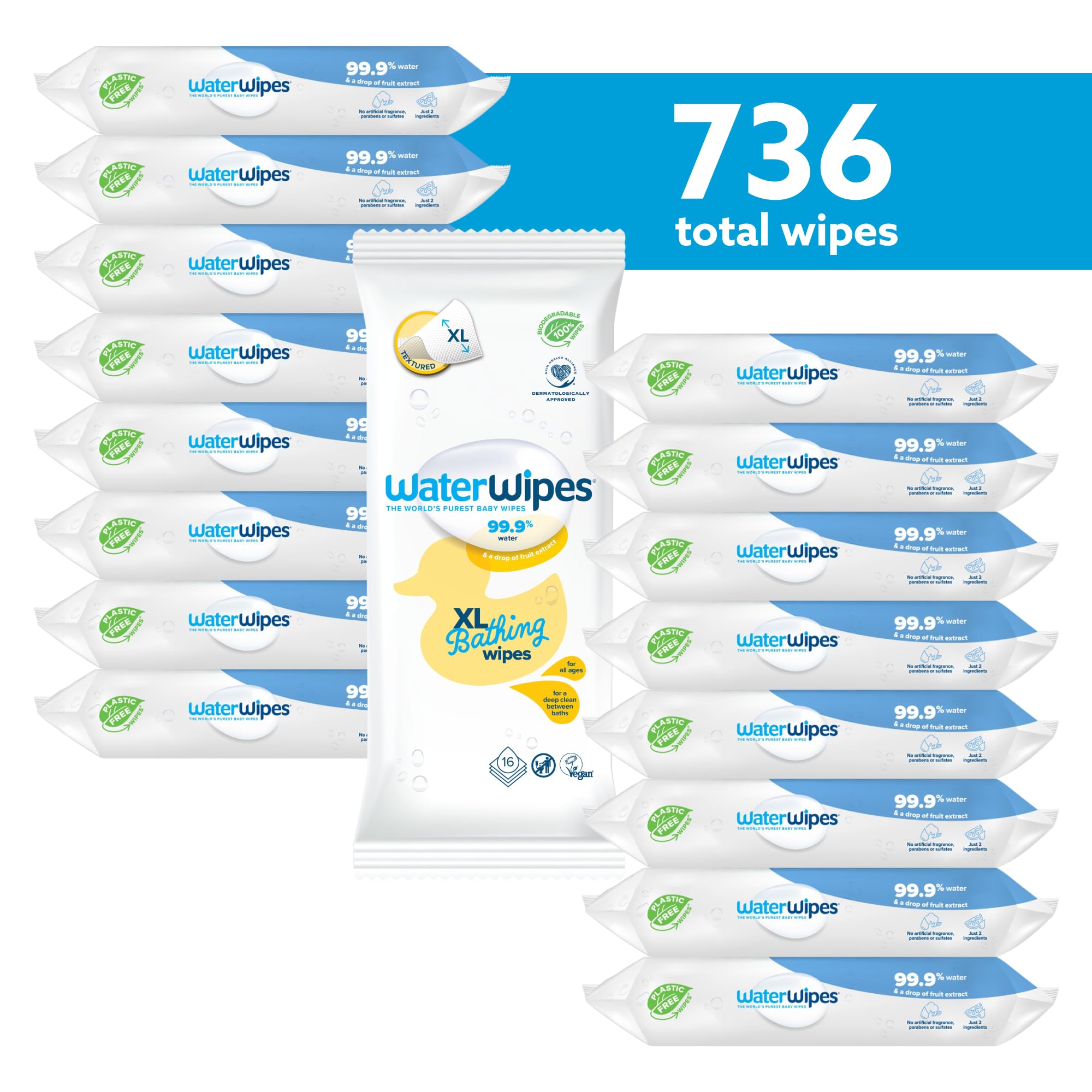 WaterWipes Bundle, Original 720 Count (12 packs) & XL Bathing Wipes 16 Count (1 pack), Plastic-Free, 99.9% Water Based Wipes, Unscented, Hypoallergenic for Sensitive Skin, Packaging May Vary