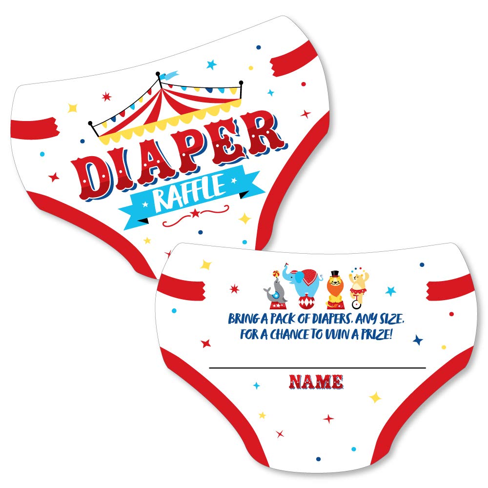 Big Dot of Happiness Carnival - Step Right Up Circus - Diaper Shaped Raffle Ticket Inserts - Carnival Themed Baby Shower Activities - Diaper Raffle Game - Set of 24