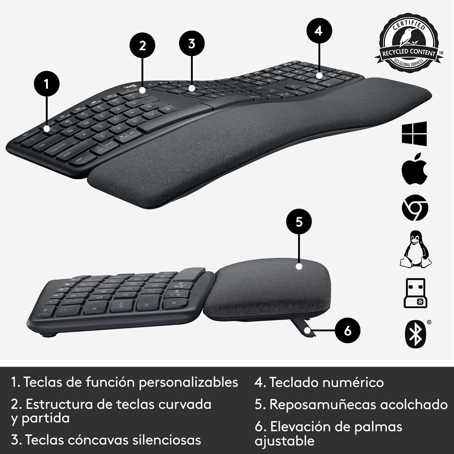 Logitech Ergo K860 Wireless Ergonomic Keyboard with Wrist Rest - Split Keyboard Layout for Windows/Mac, Bluetooth or USB Connectivity (Renewed)