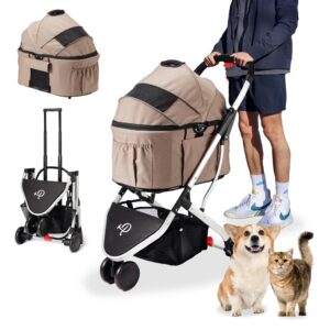 petique 3-in-1 newport pet stroller (travel carrier + car seat + stroller), easy trifold/unfold, 360º front rotating wheel, small/medium dogs, cats and pets, supports up to 45lbs – champagne (beige)