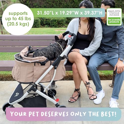 Petique 3-in-1 Newport Pet Stroller (Travel Carrier + Car Seat + Stroller), Easy Trifold/Unfold, 360º Front Rotating Wheel, Small/Medium Dogs, Cats and Pets, Supports up to 45LBS – Champagne (Beige)