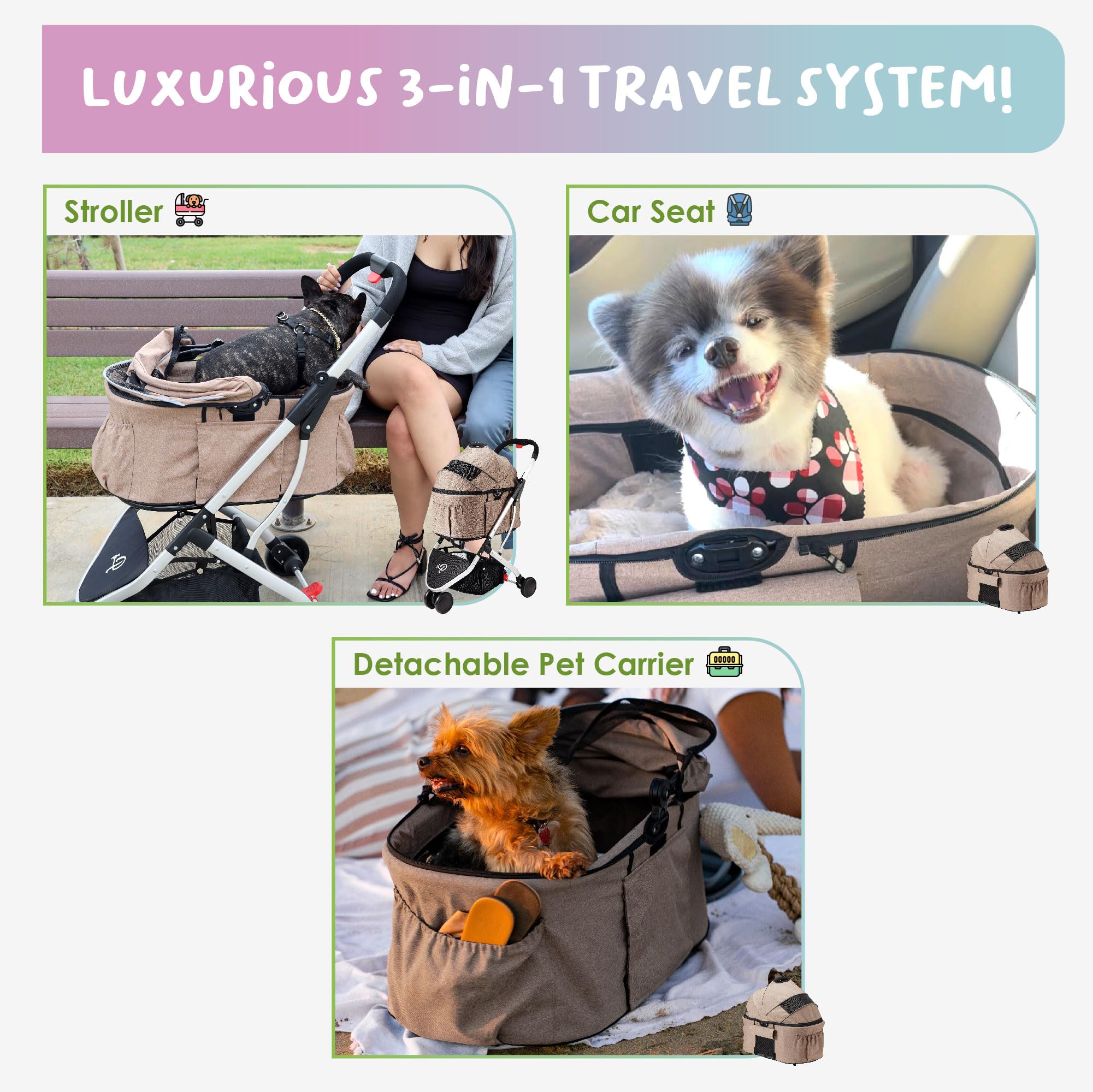 Petique 3-in-1 Newport Pet Stroller (Travel Carrier + Car Seat + Stroller), Easy Trifold/Unfold, 360º Front Rotating Wheel, Small/Medium Dogs, Cats and Pets, Supports up to 45LBS – Champagne (Beige)