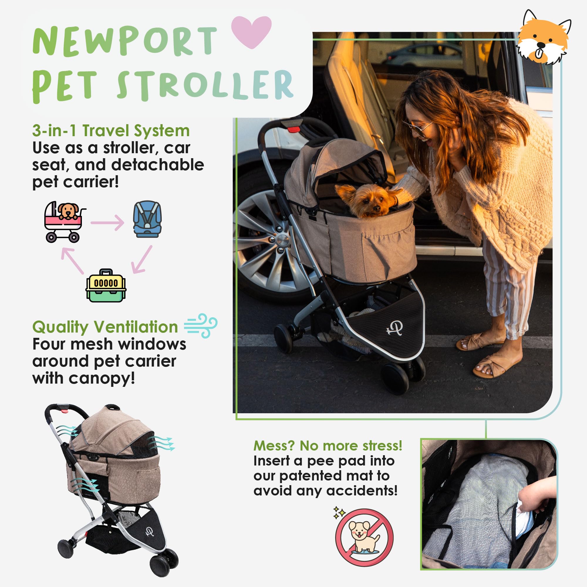 Petique 3-in-1 Newport Pet Stroller (Travel Carrier + Car Seat + Stroller), Easy Trifold/Unfold, 360º Front Rotating Wheel, Small/Medium Dogs, Cats and Pets, Supports up to 45LBS – Champagne (Beige)