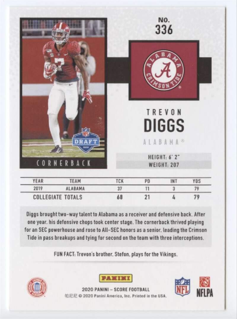 2020 Score Football #336 Trevon Diggs RC Rookie Card Alabama Crimson Tide Official NCAA Trading Card From Panini America