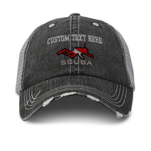 custom distressed trucker hat sport scuba diving diver flag embroidery cotton for men & women strap closure black gray personalized text here