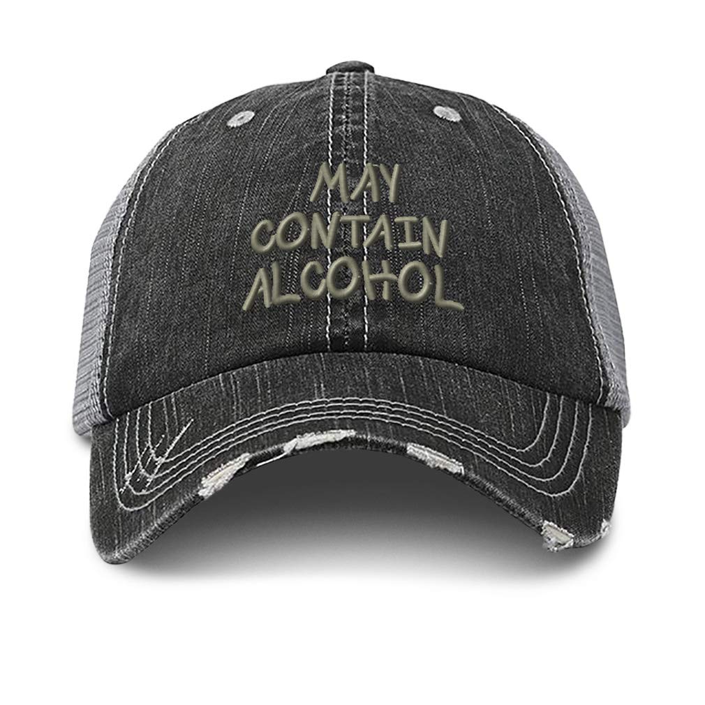 Custom Distressed Trucker Hat May Contain Alcohol Embroidery Cotton for Men & Women Strap Closure Black Gray Design Only