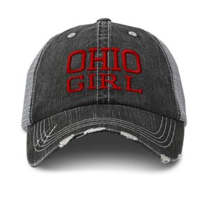 Custom Distressed Trucker Hat Ohio Girl State USA America Embroidery Cotton for Men & Women Strap Closure Black Gray Design Only