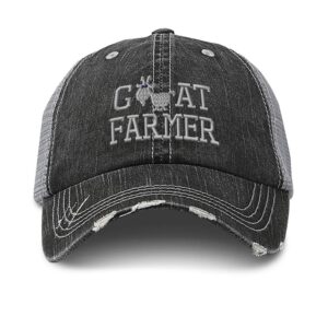 Distressed Trucker Hat Goat Farmer B Embroidery for Men & Women Black Gray