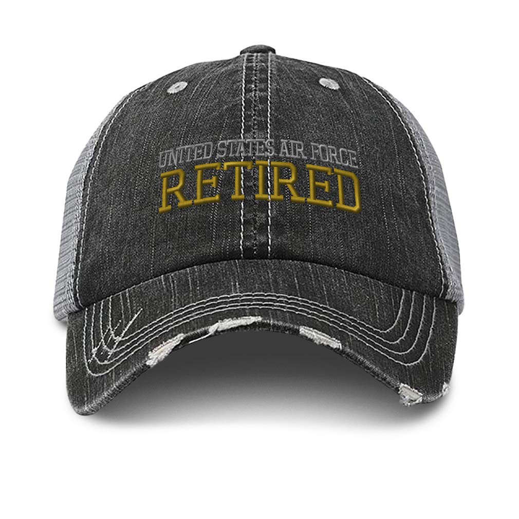 Custom Distressed Trucker Hat Us Air Force Retired A Embroidery Cotton for Men & Women Strap Closure Black Gray Design Only