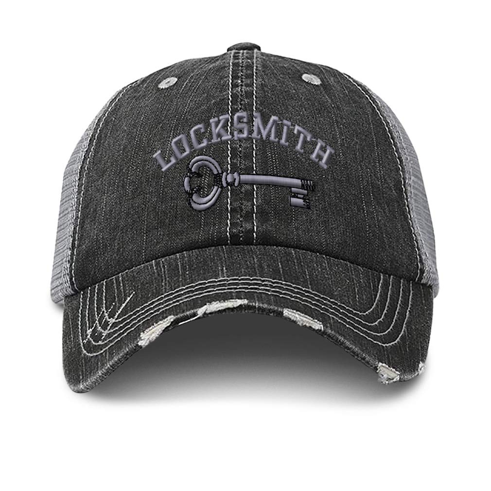 Speedy Pros Distressed Trucker Hat Locksmith Embroidery Cotton for Men & Women Black Gray