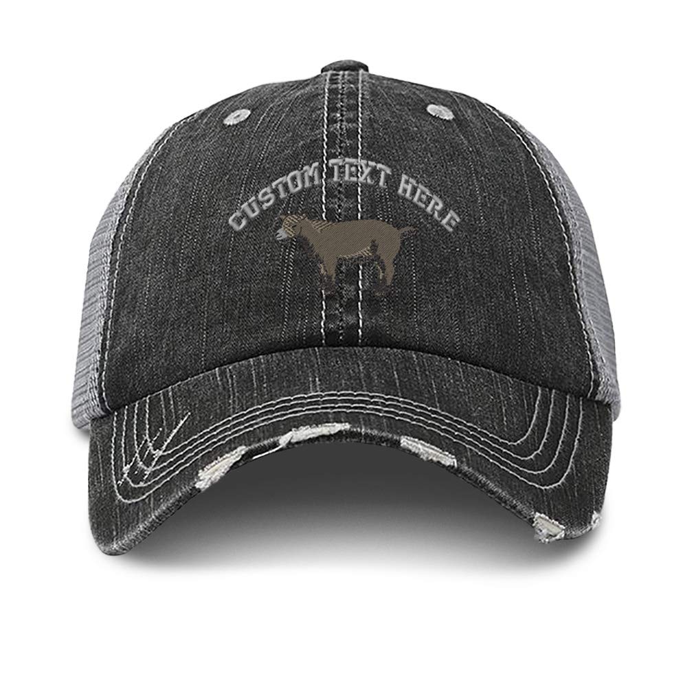 Custom Distressed Trucker Hat Pygmy Goat Embroidery Cotton for Men & Women Strap Closure Black Gray Personalized Text Here