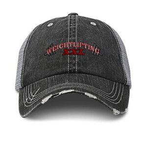 custom distressed trucker hat sport weightlifting gym logo embroidery cotton for men & women strap closure black gray design only