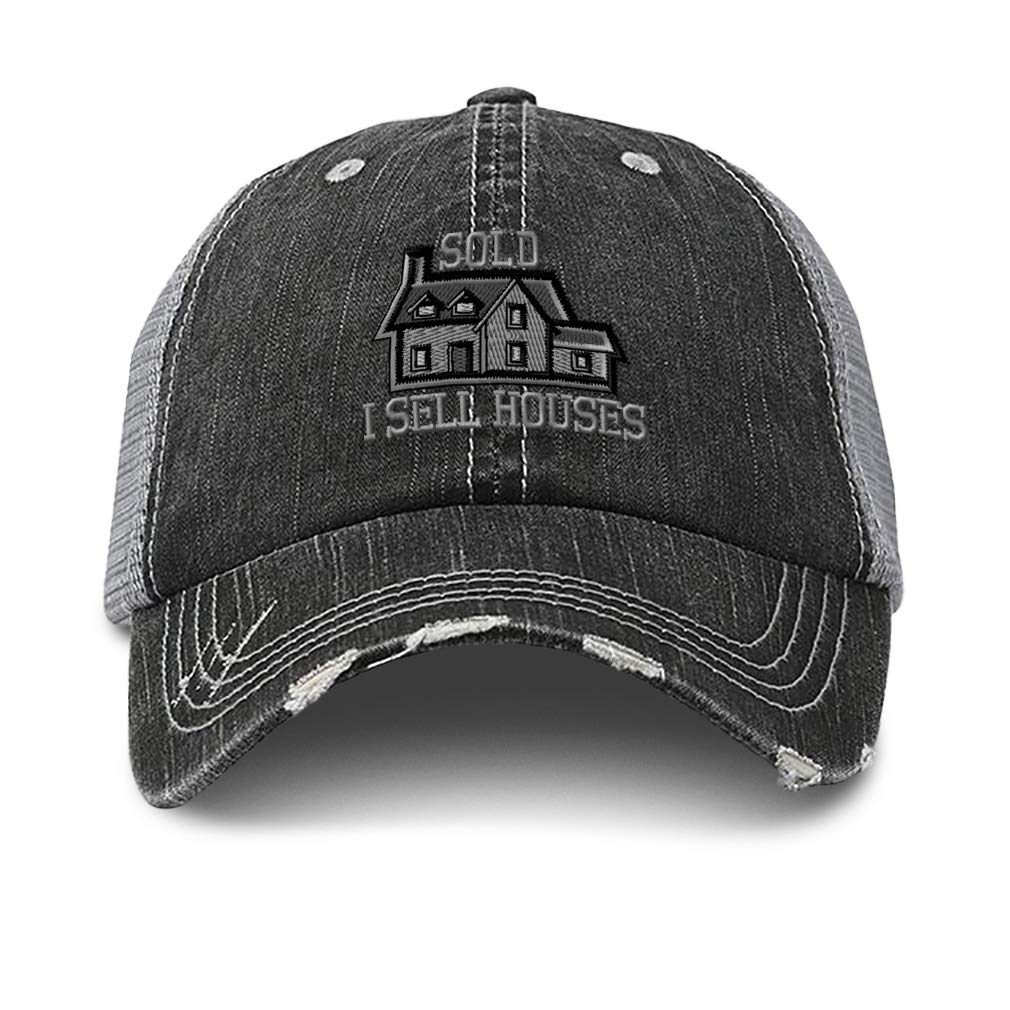 Distressed Trucker Hat Real Estate I Sell Houses Embroidery for Men & Women Black Gray