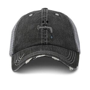custom distressed trucker hat plumber leaky faucet embroidery cotton for men & women strap closure black gray design only