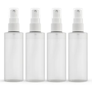 【made in usa】plastic spray bottle fine mist 4 oz (120ml) – refillable, reusable, portable sprayer, travel size, leak proof for household use, essential oil, cleaning solution and perfume (4 pack)