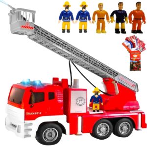 funerica fire truck with water hose pump, flashing lights, siren sounds, extending ladder, 5 fireman, firefighter figures, powered firetruck engine, best toy gift for toddlers, kids, boys, and girls