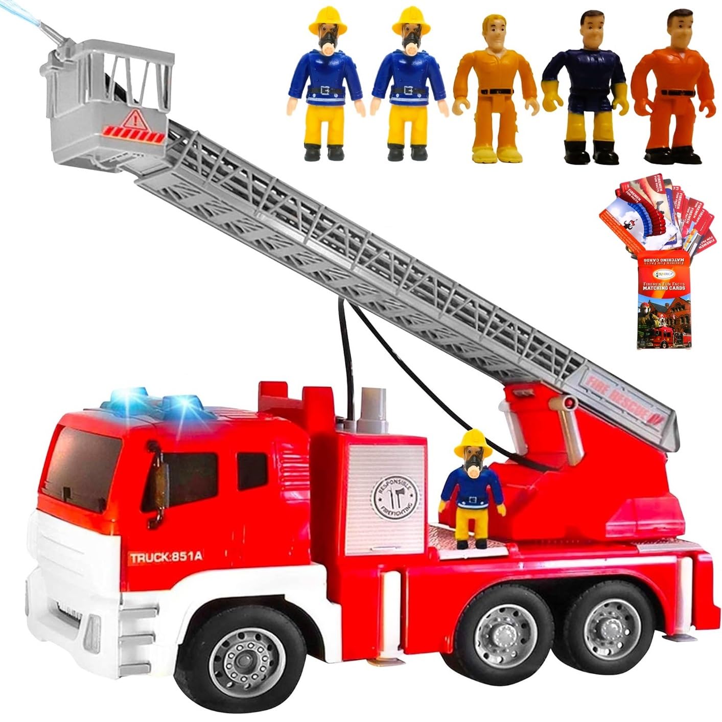 FUNERICA Fire Truck with Water Hose Pump, Flashing Lights, Siren Sounds, Extending Ladder, 5 Fireman, Firefighter Figures, Powered Firetruck Engine, Best Toy Gift for Toddlers, Kids, Boys, and Girls