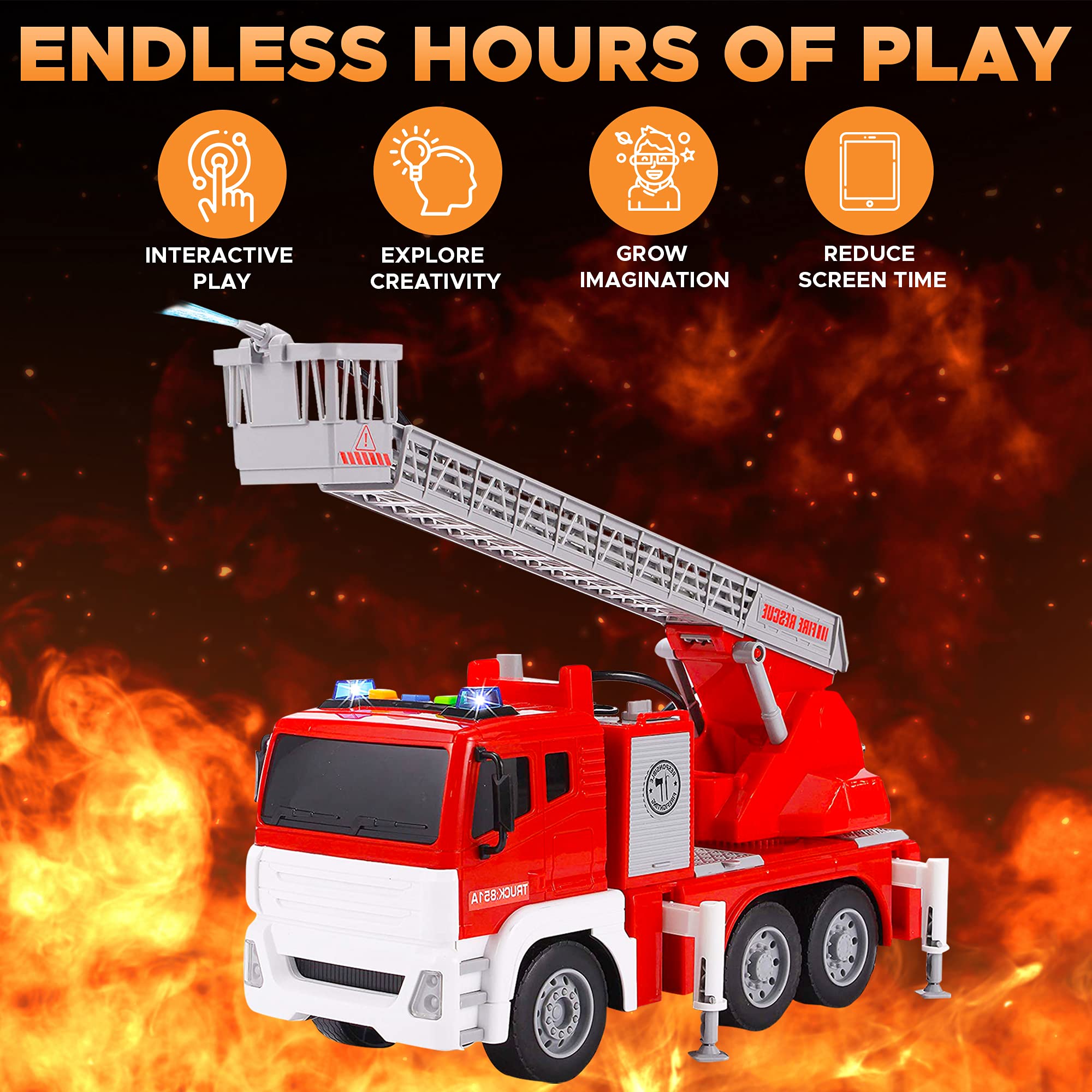 FUNERICA Fire Truck with Water Hose Pump, Flashing Lights, Siren Sounds, Extending Ladder, 5 Fireman, Firefighter Figures, Powered Firetruck Engine, Best Toy Gift for Toddlers, Kids, Boys, and Girls