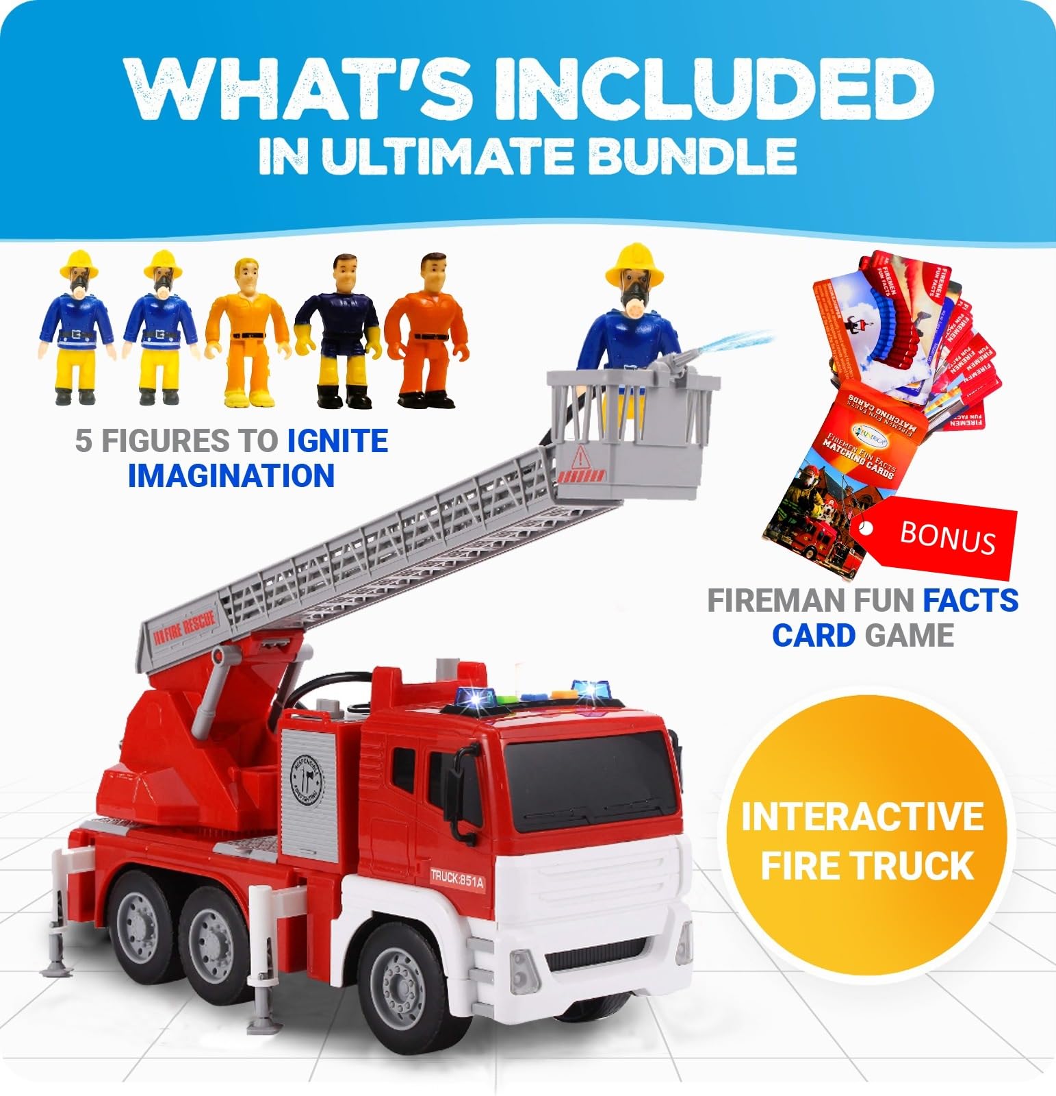 FUNERICA Fire Truck with Water Hose Pump, Flashing Lights, Siren Sounds, Extending Ladder, 5 Fireman, Firefighter Figures, Powered Firetruck Engine, Best Toy Gift for Toddlers, Kids, Boys, and Girls