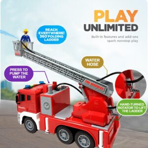 FUNERICA Fire Truck with Water Hose Pump, Flashing Lights, Siren Sounds, Extending Ladder, 5 Fireman, Firefighter Figures, Powered Firetruck Engine, Best Toy Gift for Toddlers, Kids, Boys, and Girls