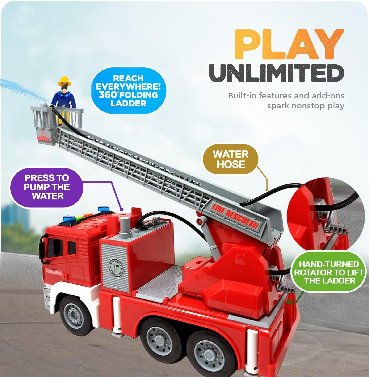 FUNERICA Fire Truck with Water Hose Pump, Flashing Lights, Siren Sounds, Extending Ladder, 5 Fireman, Firefighter Figures, Powered Firetruck Engine, Best Toy Gift for Toddlers, Kids, Boys, and Girls