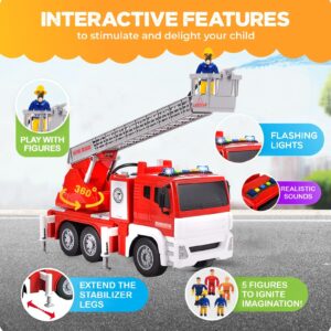 FUNERICA Fire Truck with Water Hose Pump, Flashing Lights, Siren Sounds, Extending Ladder, 5 Fireman, Firefighter Figures, Powered Firetruck Engine, Best Toy Gift for Toddlers, Kids, Boys, and Girls