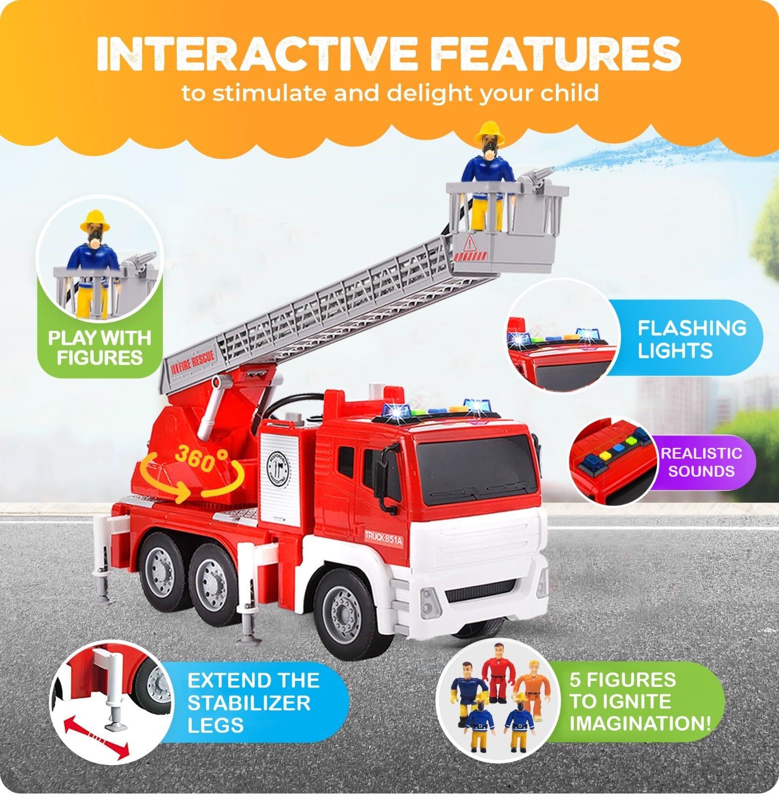 FUNERICA Fire Truck with Water Hose Pump, Flashing Lights, Siren Sounds, Extending Ladder, 5 Fireman, Firefighter Figures, Powered Firetruck Engine, Best Toy Gift for Toddlers, Kids, Boys, and Girls