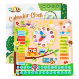 woody treasures - montessori wooden toys kids clock - wooden toy for 3 year olds - unique learning toy for toddlers learn about seasons, months, days of week, time telling - educational and fun