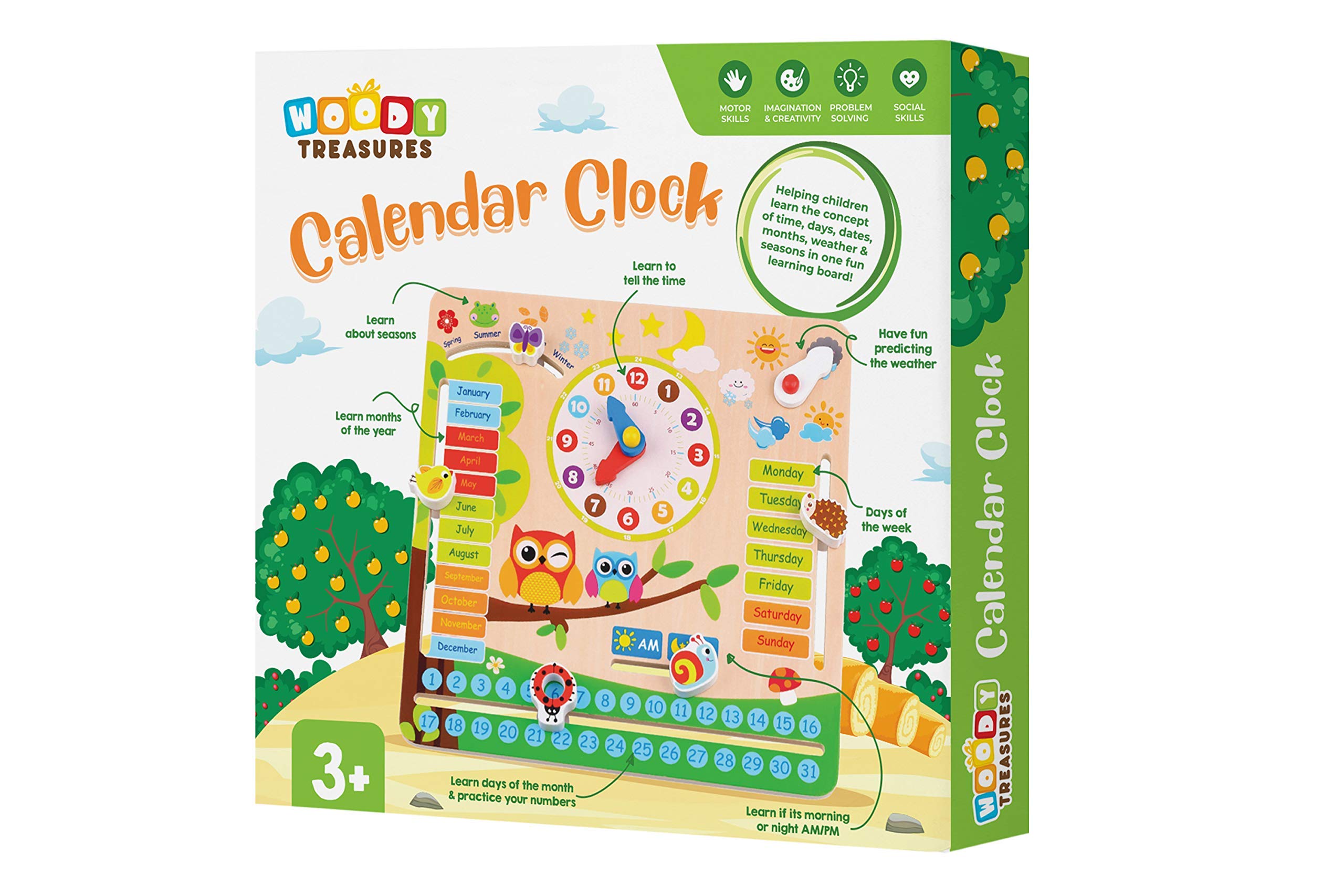 Woody Treasures - Montessori Wooden Toys Kids Clock - Wooden Toy for 3 Year Olds - Unique Learning Toy for Toddlers Learn About Seasons, Months, Days of Week, Time Telling - Educational and Fun